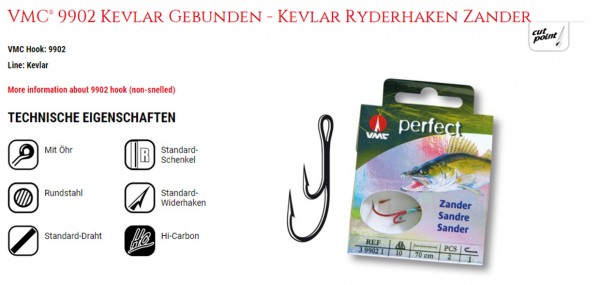 VMC 9902 Zander Ryder Haken Kevlar 50cm Vernickelt Inh. 2Stck. versch. Gr.