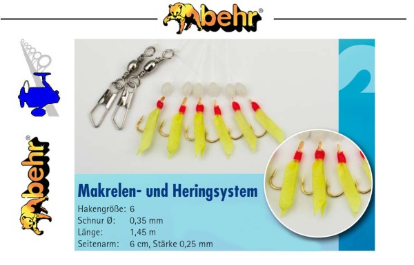 Behr Angelsport Meeressystem Makrelen Heringsystem echte Fischhaut - GLO Effekt - Gr.6 - L:1,45m - 0