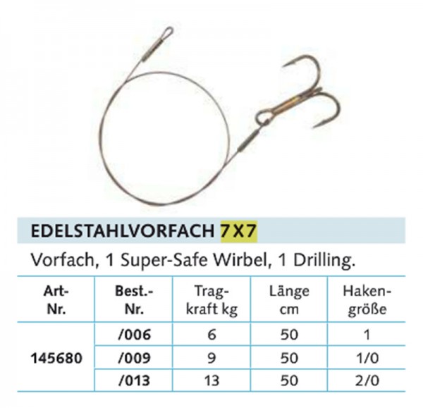 Balzer 7x7 Niroflex Edelstahlvorfach mit Drillingshaken 50cm versch. Ausf.